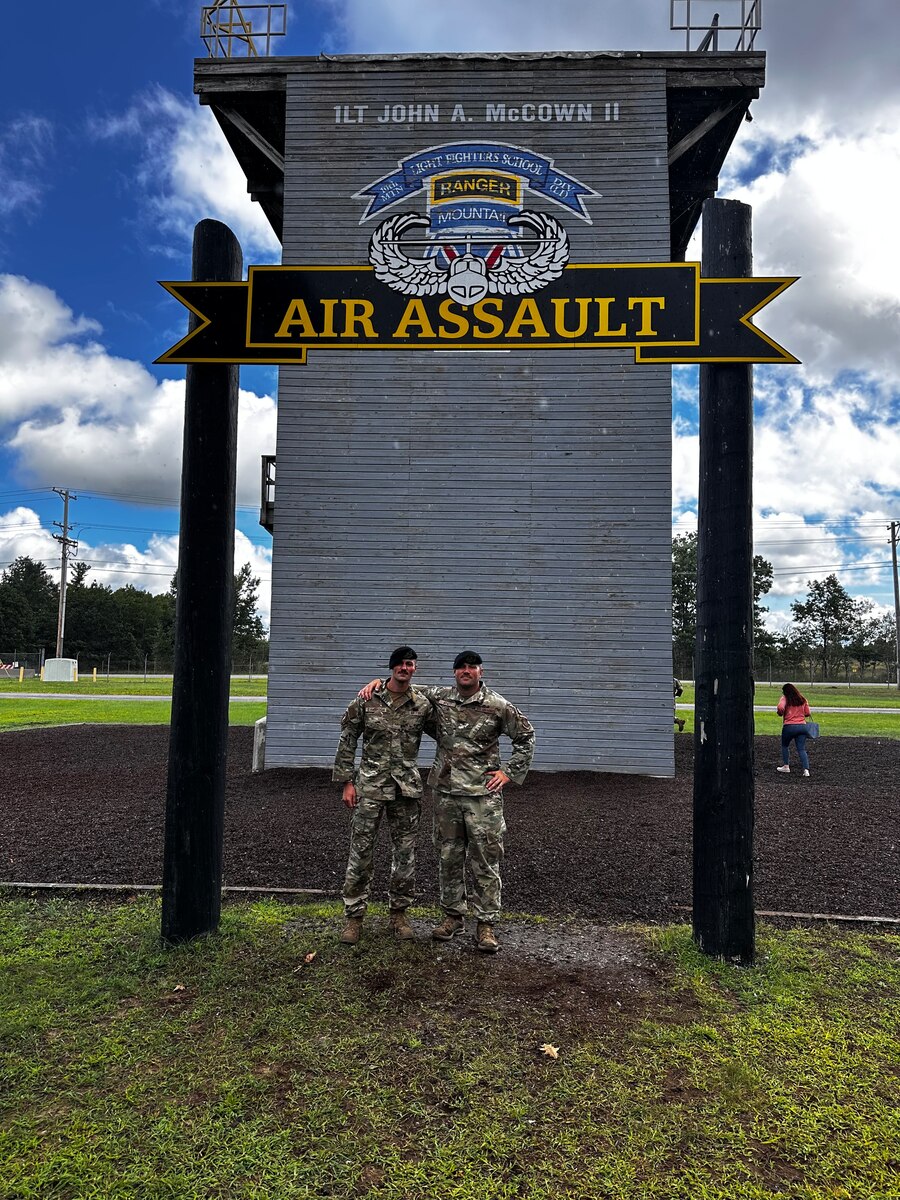 Senior Airman Mathew Dambrosia, 22nd SFS entry Controller and Technical Sgt. Noah Hyatt, 22nd Security Forces Squadron Entry Controller kennel master, graduate from Army Air Assault School at Fort Campbell, Kentucky, August 18, 2023. (Courtesy Photo)