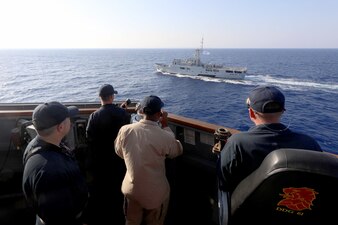 USS Ramage (DDG 61) transits the Mediterranean Sea with the Cypriot navy.