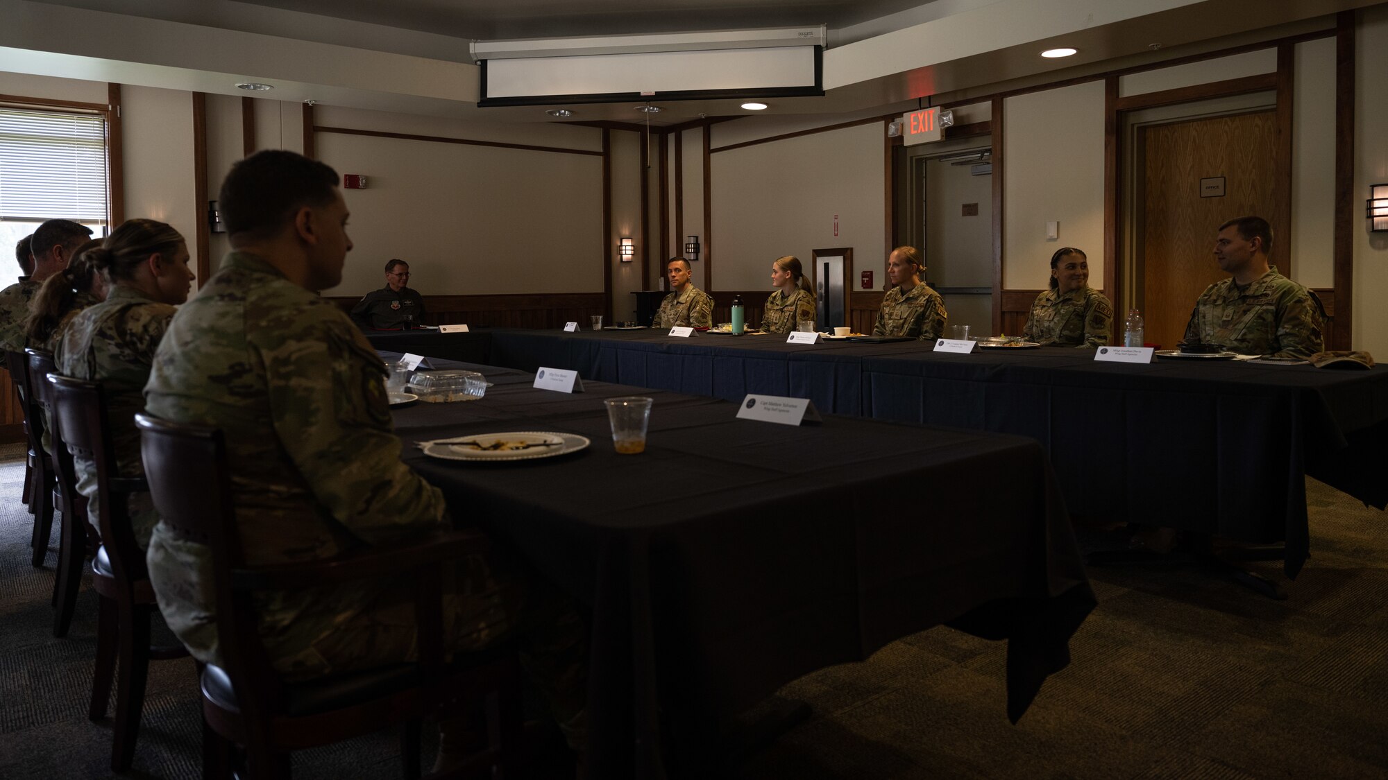 U.S. Air Force Lt. Gen. Russ L. Mack, the deputy commander of Air Combat Command, discusses quality of life concerns with senior leaders during a base tour at Seymour Johnson Air Force Base, North Carolina, Aug. 24, 2023. Mack visited several locations on base  to discuss the fighter wing mission, its components, and quality of life across the Wing while also recognizing several Airmen for their performance and dedication to the fighter wing mission. (U.S. Air Force photo by Staff Sgt. Koby I. Saunders)