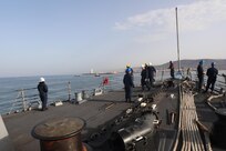 Sailors assigned to the Arleigh Burke-class guided-missile destroyer USS Paul Ignatius (DDG 117), make preparations as the ship pulls into Morocco, Aug. 25, 2023. Paul Ignatius is on a scheduled deployment in the U.S. Naval Forces Europe area of operations, employed by the U.S. Sixth Fleet to defend U.S., allied and partner interests. (U.S. Navy photo by Mass Communication Specialist 1st Class Zac Shea)