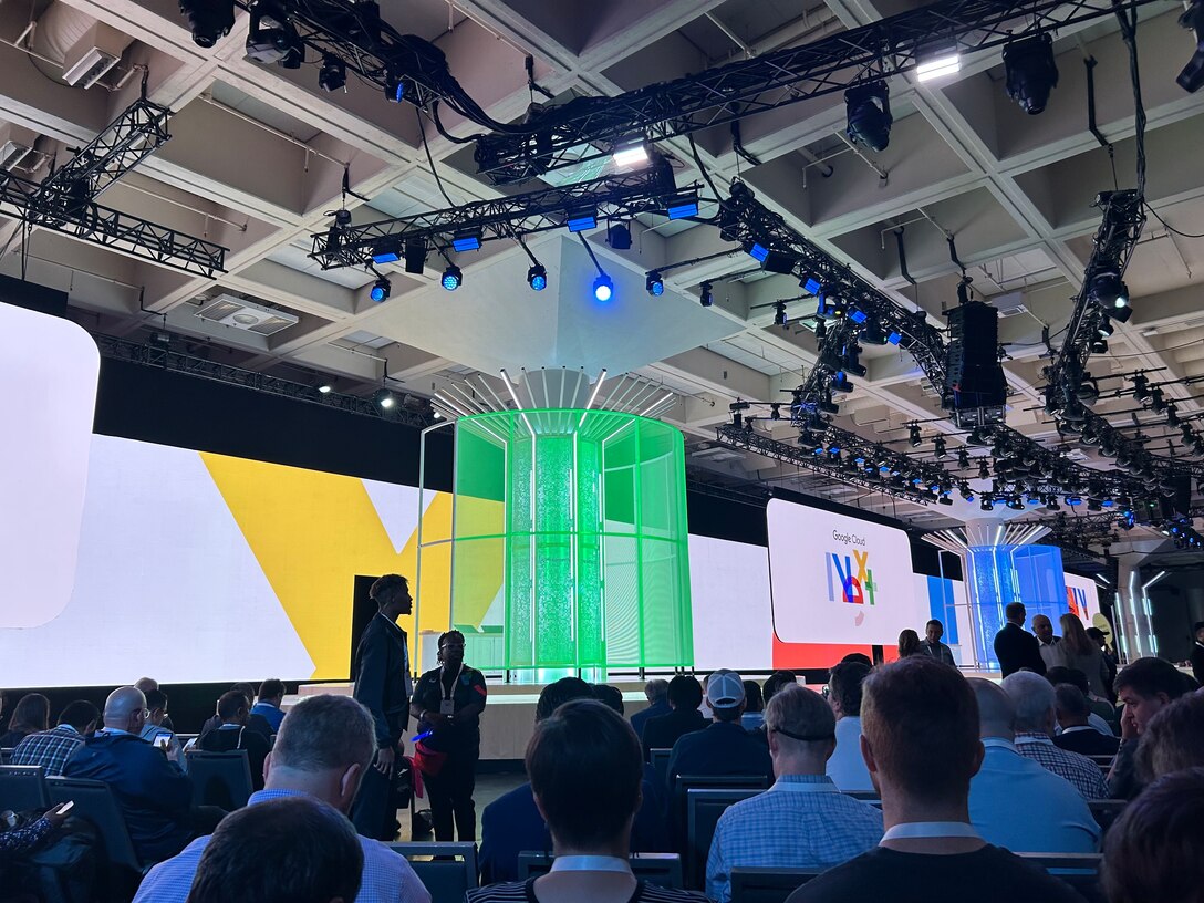 A photo taken from inside the Moscone Center at the Google Cloud Next ‘23 event in San Francisco, Calif., Aug. 29, 2023. The Air Force Research Laboratory, or AFRL, has been named a 2023 Google Cloud Customer Award winner in the government category, Google Cloud announced via its website Aug. 29, 2023. AFRL researchers Dr. Dan Berrigan and Dr. Lauren Ferguson spearheaded a roughly four-year-long campaign to make the Google Cloud Platform and Google Workspace tools readily available to AFRL’s existing workforce of roughly 12,500 and its internal and external partners. (U.S. Air Force photo / Dan Berrigan)