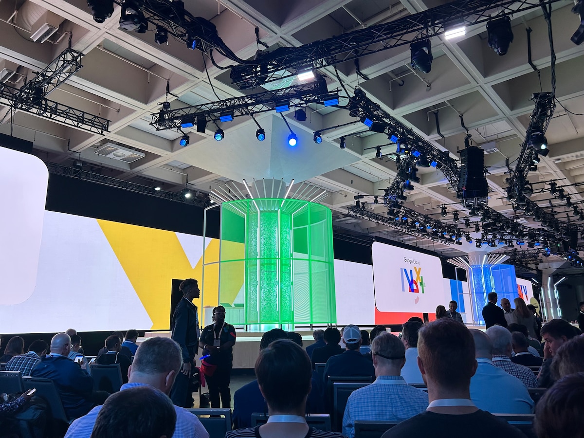 A photo taken from inside the Moscone Center at the Google Cloud Next ‘23 event in San Francisco, Calif., Aug. 29, 2023. The Air Force Research Laboratory, or AFRL, has been named a 2023 Google Cloud Customer Award winner in the government category, Google Cloud announced via its website Aug. 29, 2023. AFRL researchers Dr. Dan Berrigan and Dr. Lauren Ferguson spearheaded a roughly four-year-long campaign to make the Google Cloud Platform and Google Workspace tools readily available to AFRL’s existing workforce of roughly 12,500 and its internal and external partners. (U.S. Air Force photo / Dan Berrigan)