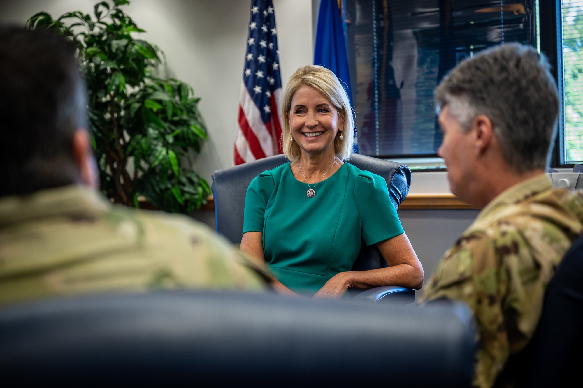 U.S. Congresswoman (R-IL) Mary Miller along with members of her staff, William Wadsworth, Deputy Chief of Staff, and Patrick Farrell, District Director, meet with Col. Rick Chadwick, 932nd Airlift Wing commander, Chief Master Sgt. Christian Biancur, 932nd AW command chief, and 932nd AW group representatives during Miller’s first visit to Scott Air Force Base and the 932nd AW, Aug. 28, 2023. “I had the honor of visiting the 932nd Airlift Wing at Scott Air Force Base this week,” said Miller. “I appreciated the opportunity to learn more about the Wing and its importance to the Air Force's mission, and the local community in Illinois.” (U.S. Air Force photo by Christopher Parr)