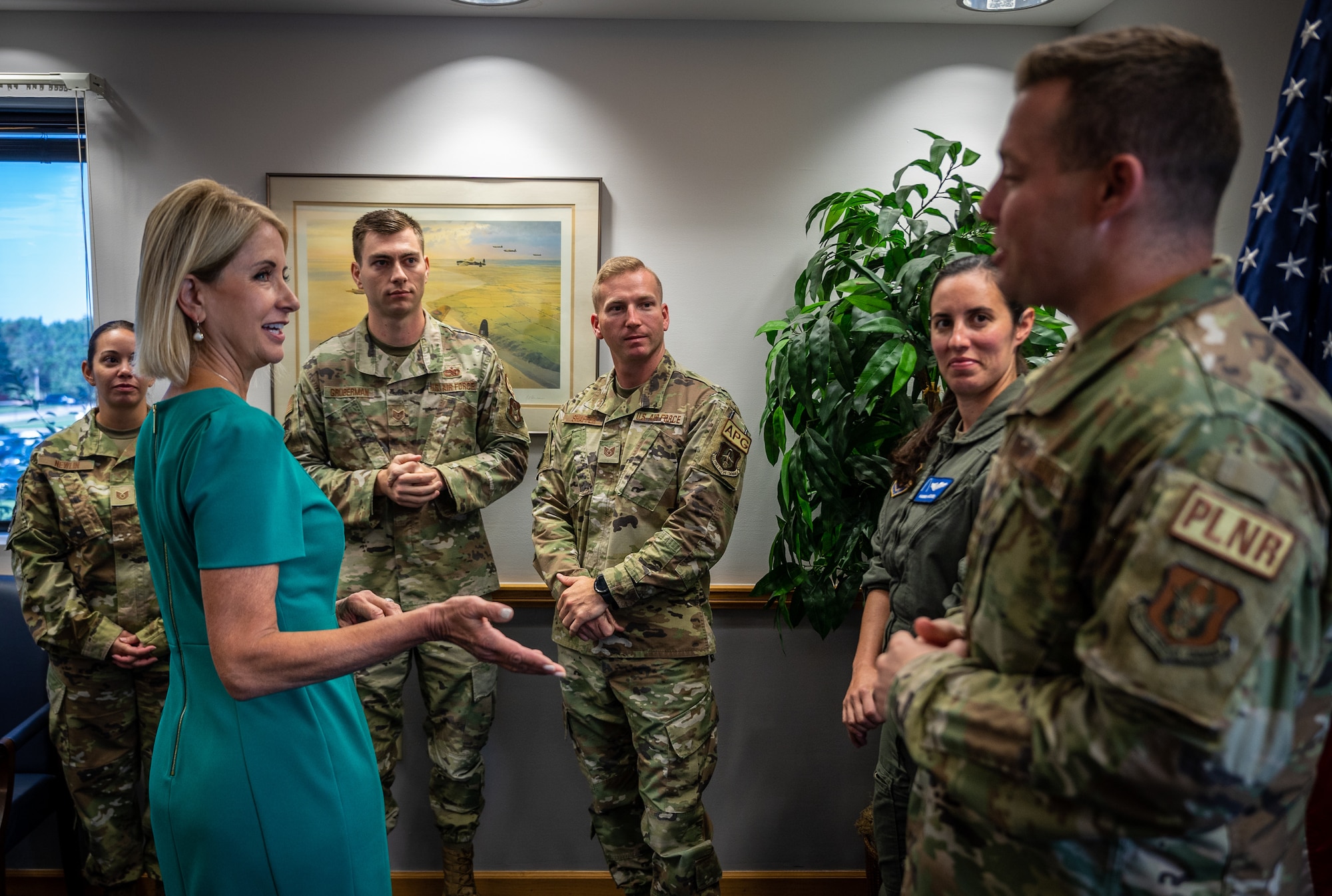 U.S. Congresswoman (R-IL) Mary Miller along with members of her staff, William Wadsworth, Deputy Chief of Staff, and Patrick Farrell, District Director, meet with Col. Rick Chadwick, 932nd Airlift Wing commander, Chief Master Sgt. Christian Biancur, 932nd AW command chief, and 932nd AW group representatives during Miller’s first visit to Scott Air Force Base and the 932nd AW, Aug. 28, 2023. “I had the honor of visiting the 932nd Airlift Wing at Scott Air Force Base this week,” said Miller. “I appreciated the opportunity to learn more about the Wing and its importance to the Air Force's mission, and the local community in Illinois.” (U.S. Air Force photo by Christopher Parr)