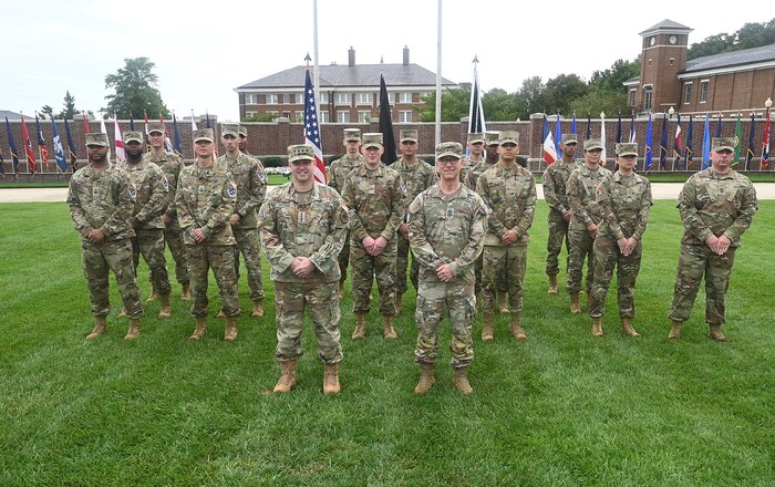 Chief of Space Operations Gen. Chance Saltzman and Chief Master Sergeant of the Space Force Roger Towberman stand with members the first Space Force Honor Guard, Joint Base Anacostia-Bolling, Washington, D.C. Aug 30, 2023.