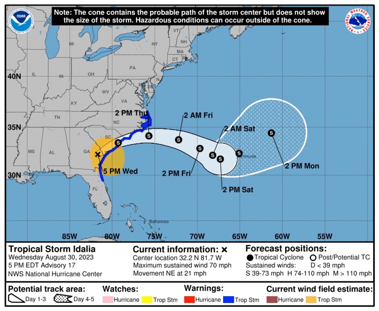 The Coast Guard reminds mariners and residents of Georgia and South Carolina to remain vigilant as Tropical Storm Idalia continues to the eastern seaboard, Wednesday.  

Idalia was downgraded from a Hurricane to a Tropical Storm as it crossed the Florida Peninsula into Georgia.  

The extent of damage to impacted areas is still being assessed by federal, state and local emergency responders. The Seventh Coast Guard District is staged and prepared to deploy rescue crews to assist those in distress as soon as safely possible.