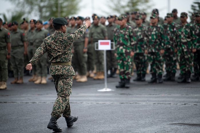 Combined service members from 19 countries participate in the closing ceremony of Exercise Keris Aman 23, a Multinational Peacekeeping Exercise, at the Malaysian Peacekeeping Centre on Aug. 26, 2023. Keris Aman 23 is a multinational United Nations Peacekeeping (UN PKO) exercise conducted in Malaysia and co-sponsored by U.S. Indo-Pacific Command and the Malaysian Armed Forces. The exercise is designed to strengthen military-to-military relationships and enhance the core PKO competencies of all participants in accordance with UN doctrine. (U.S. Marine Corps photo by Lance Cpl John Hall)