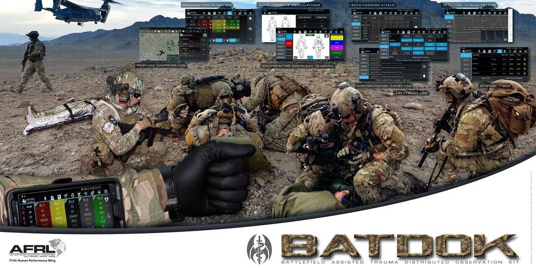 The Battlefield Assisted Trauma Distributed Observation Kit, or BATDOK, is a mobile medical documentation tool developed by Air Force Research Laboratory researchers that collects patient information from various sensors at points of injury, making it easier for medical professionals to document vitals, administer critical care and integrate patient data. BATDOK was recently selected as the joint integrated electronic health record for point-of-injury and en route care by Joint Operational Medicine Information Systems, an office that provides medical information technology for military operations. (U.S. Air Force graphic)