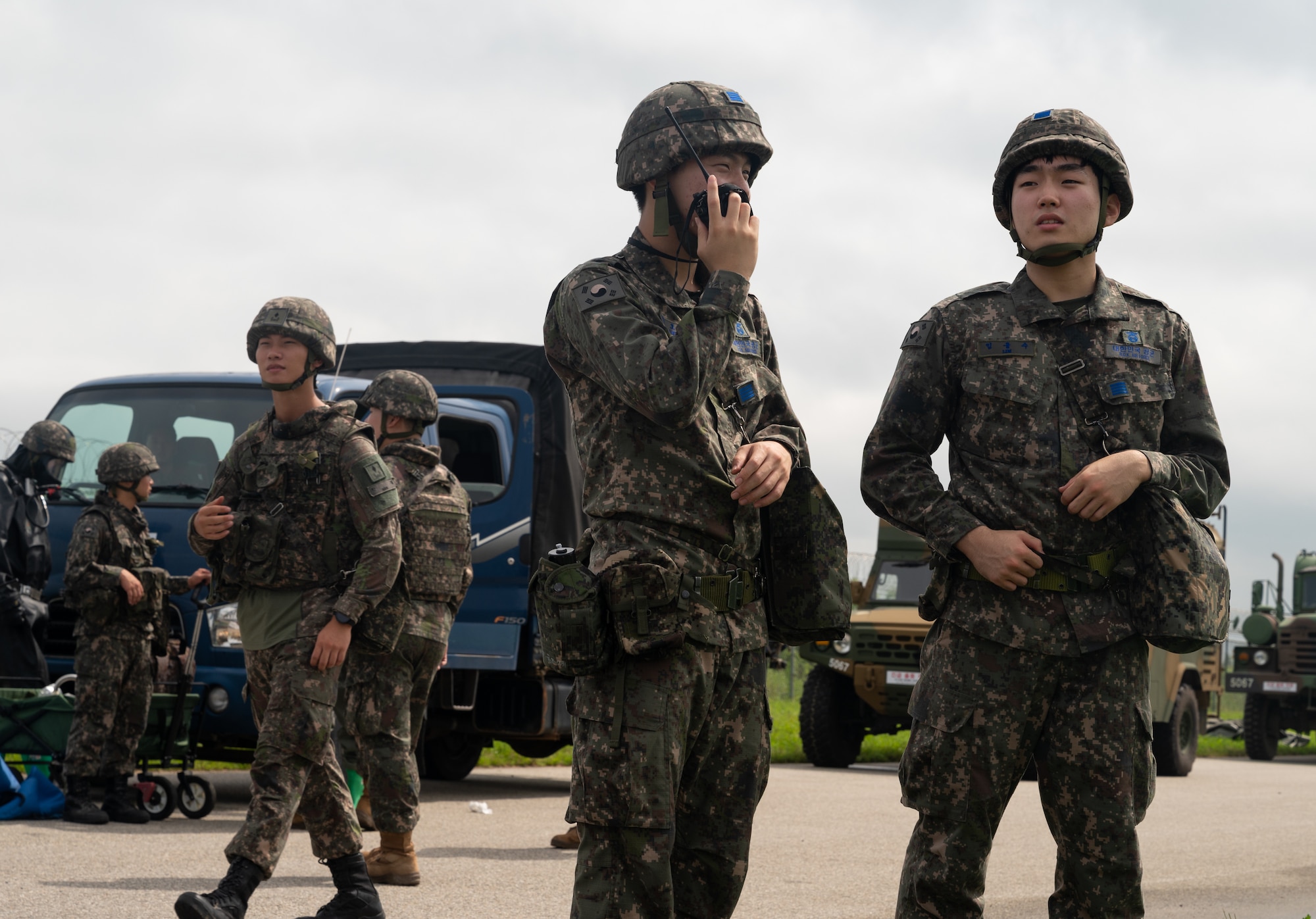 Republic of Korea Army and Air Force service members prepare to enter a simulated contaminated area during combined forces chemical, biological, radiological and nuclear training with the 51st Civil Engineer Squadron at Osan Air Base, ROK, Aug. 24, 2023. Passive protection, contamination avoidance and mitigation are protective measures taken in situations where CBRN hazards may be present. Practicing these measures ensures that U.S. and ROK personnel are ready to respond to CBRN threats at any time. (U.S. Air Force photo by Airman 1st Class Chase Verzaal)