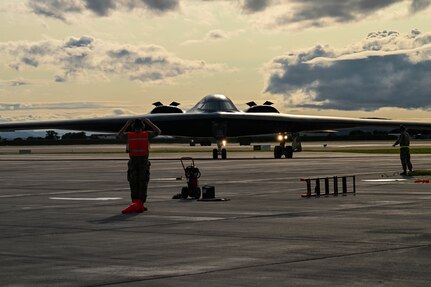 A B-2 Spirit assigned to Whiteman Air Force Base, Mo., takes off after hot pit refueling at Ørland flystasjon, Brekstad, Norway, Aug. 29, 2023.