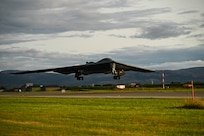 A B-2 Spirit assigned to Whiteman Air Force Base, Mo., takes off after hot pit refueling at Ørland flystasjon, Brekstad, Norway, Aug. 29, 2023.