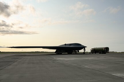 A B-2 Spirit assigned to Whiteman Air Force Base, Mo., takes off after hot pit refueling at Ørland flystasjon, Brekstad, Norway, Aug. 29, 2023.