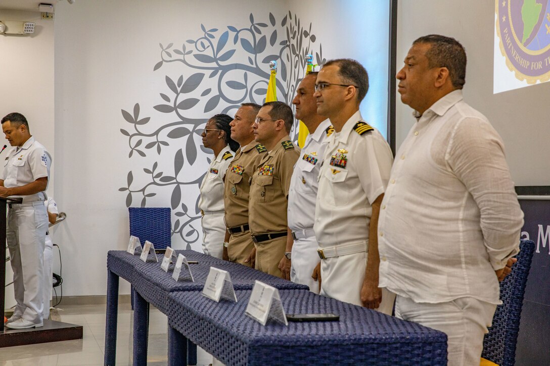 U.S. Navy Personnel and Colombian Military Personnel participate in Continuing Promise 2023 closing ceremony in Santa Marta, Colombia.
