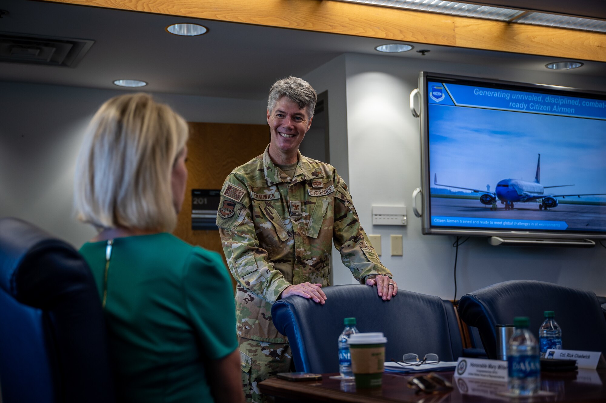 U.S. Congresswoman (R-IL) Mary Miller along with members of her staff, William Wadsworth, Deputy Chief of Staff, and Patrick Farrell, District Director, meet with Col. Rick Chadwick, 932nd Airlift Wing commander, Chief Master Sgt. Christian Biancur, 932nd AW command chief, and 932nd AW group representatives during Miller’s first visit to Scott Air Force Base and the 932nd AW, Aug. 28, 2023. “I had the honor of visiting the 932nd Airlift Wing at Scott Air Force Base this week,” said Miller. “I appreciated the opportunity to learn more about the Wing and its importance to the Air Force's mission, and the local community in Illinois.” (U.S. Air Force photo by Christopher Parr)