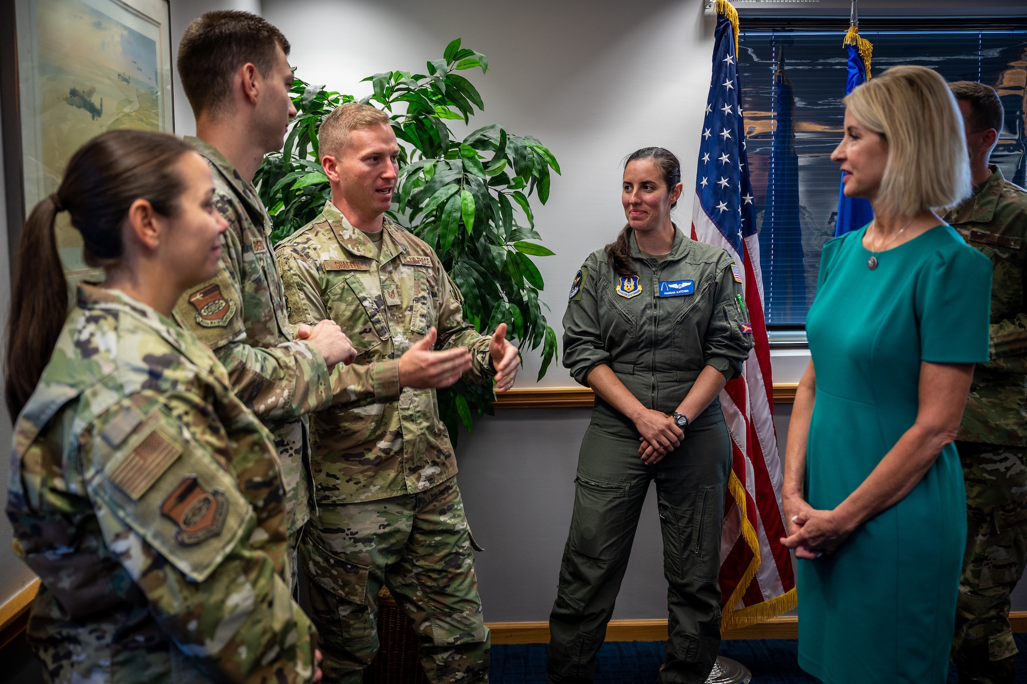 U.S. Congresswoman (R-IL) Mary Miller along with members of her staff, William Wadsworth, Deputy Chief of Staff, and Patrick Farrell, District Director, meet with Col. Rick Chadwick, 932nd Airlift Wing commander, Chief Master Sgt. Christian Biancur, 932nd AW command chief, and 932nd AW group representatives during Miller’s first visit to Scott Air Force Base and the 932nd AW, Aug. 28, 2023. “I had the honor of visiting the 932nd Airlift Wing at Scott Air Force Base this week,” said Miller. “I appreciated the opportunity to learn more about the Wing and its importance to the Air Force's mission, and the local community in Illinois.” (U.S. Air Force photo by Christopher Parr)
