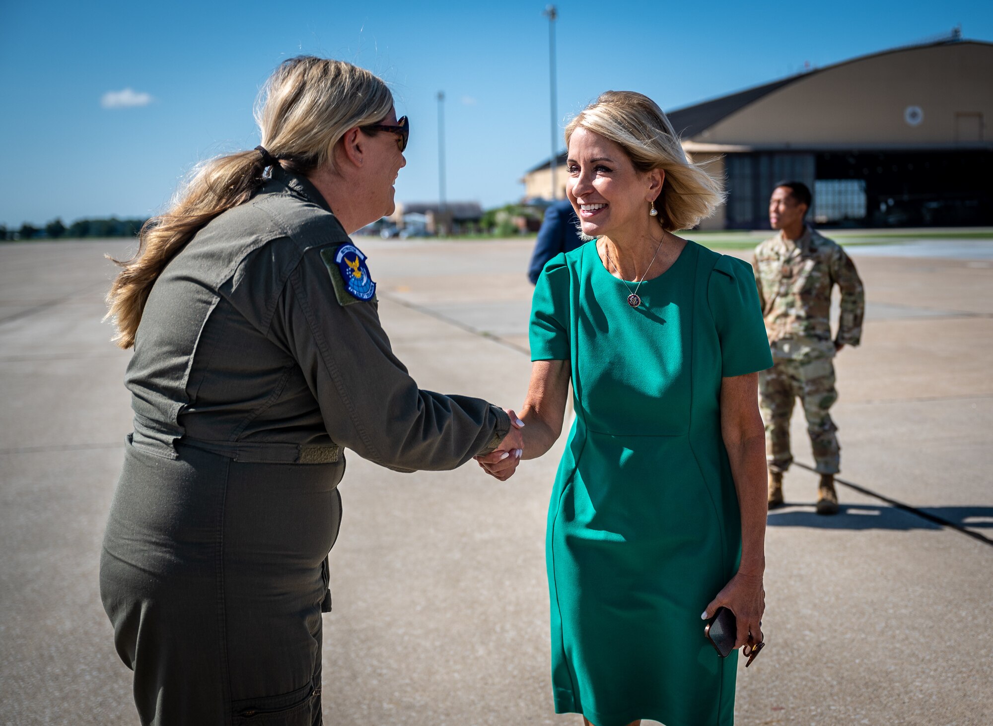 U.S. Congresswoman (R-IL) Mary Miller along with members of her staff, William Wadsworth, Deputy Chief of Staff, and Patrick Farrell, District Director, meet with Col. Rick Chadwick, 932nd Airlift Wing commander, Chief Master Sgt. Christian Biancur, 932nd AW command chief, and 932nd AW group representatives during Miller’s first visit to Scott Air Force Base and the 932nd AW, Aug. 28, 2023. “I had the honor of visiting the 932nd Airlift Wing at Scott Air Force Base this week,” said Miller. “I appreciated the opportunity to learn more about the Wing and its importance to the Air Force's mission, and the local community in Illinois.” (U.S. Air Force photo by Christopher Parr)
