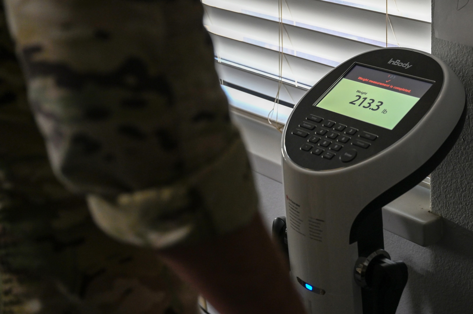 Tech. Sgt. Michael Gault, 39th Airlift Squadron loadmaster, completes a body composition assessment with the Dyess Operational Support Team at Dyess Air Force Base, Texas, Aug. 24, 2023. The Dyess Operational Support Team can act as a buffer between Airmen and outside medical or mental health care, breaking down barriers and challenges Airmen might face such as difficult processes for approving medical procedures and stigmas around mental health assistance. (U.S. Air Force photo by Senior Airman Sophia Robello)