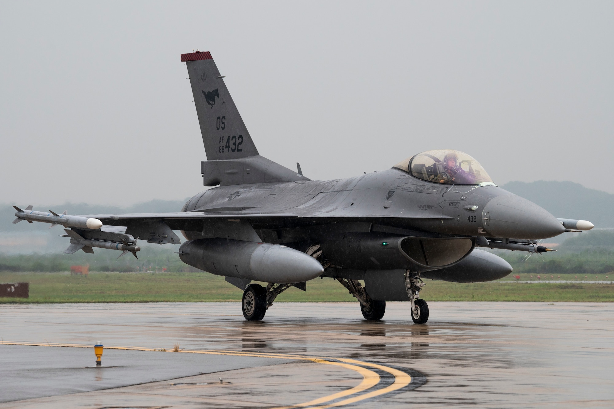 A U.S. Air Force F-16 Fighting Falcon assigned to the 36th Fighter Squadron prepares to take off at Osan Air Base, Republic of Korea, Aug. 30, 2023.