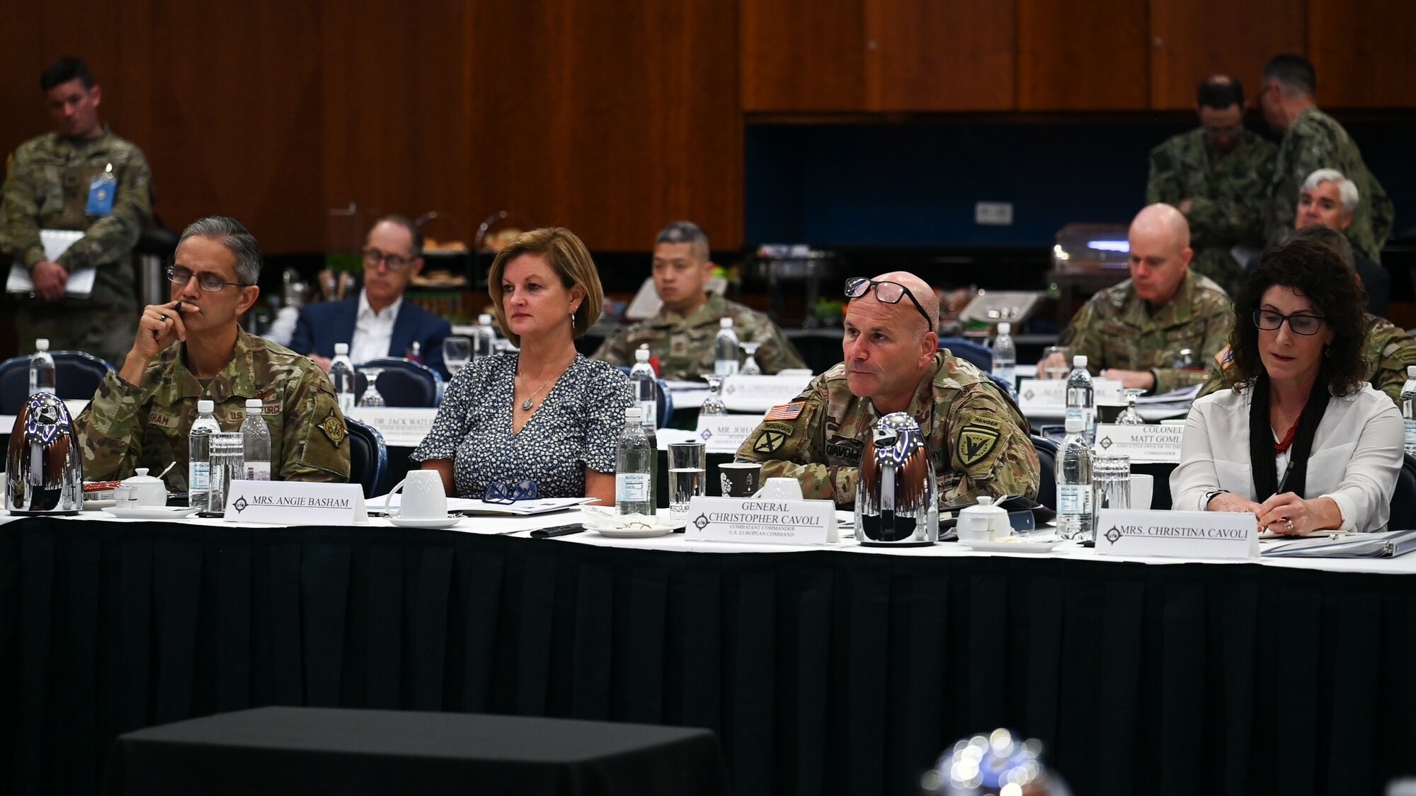U.S. Army Gen. Christopher G. Cavoli, commander of U.S. European Command and NATO’s Supreme Allied Commander Europe, third from left, listens to guest speakers during the EUCOM Component Commanders’ Conference (ECCC) Aug. 23, 2023, at Spangdahlem Air Base, Germany. The ECCC aims to encourage dialogue between senior leaders and discuss the status of diplomatic relations in the European theater. (U.S. Air Force photo by Staff Sgt. Allison Payne)