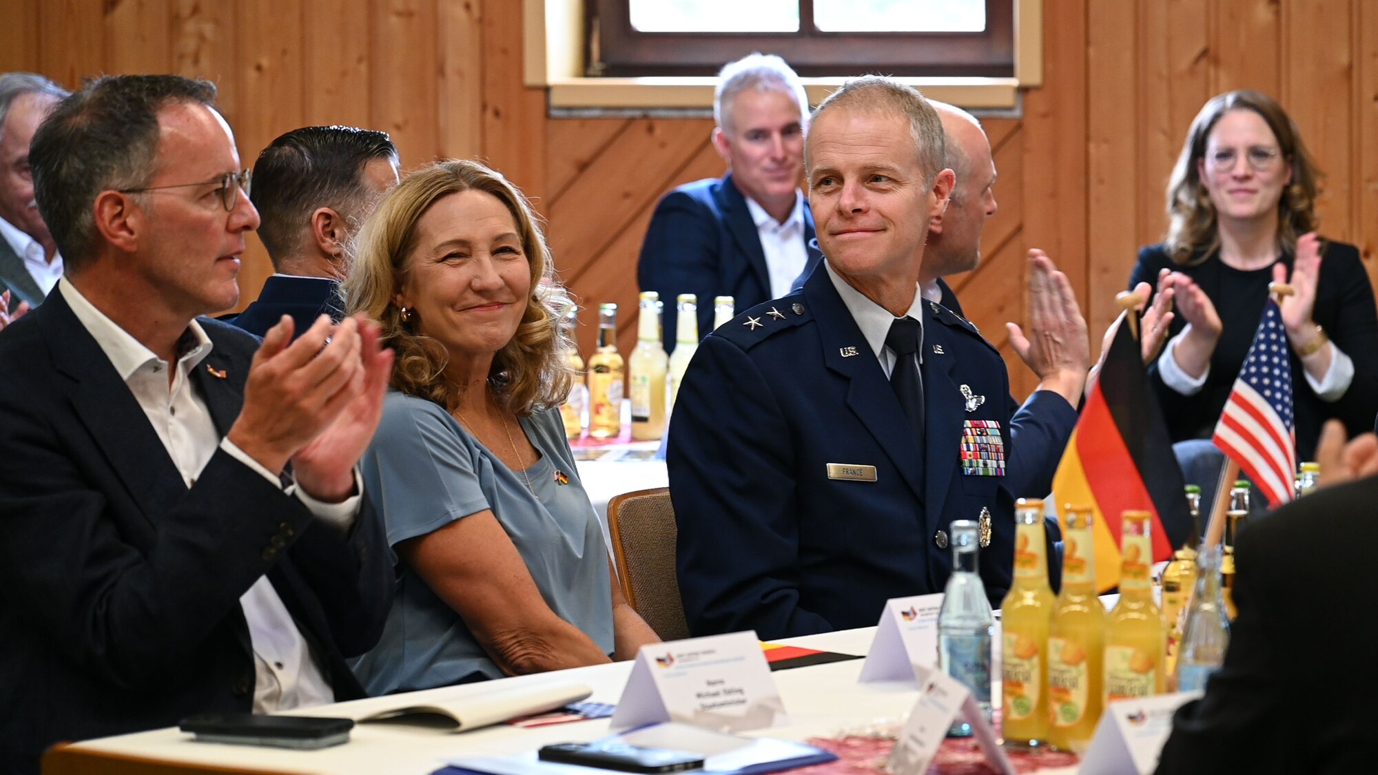 U.S. Air Force Maj. Gen. Derek France, Third Air Force commander, smiles during his introduction at the start of a ceremony at the Spangdahlem Community Center
