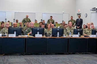 NEWPORT, R.I. (Aug. 30, 2023) – Vice Chief of Naval Operations Adm. Lisa Franchetti participates in classified discussions at the CNO Futures Wargame in Newport, Rhode Island, Aug. 30. The CNO Futures Wargame is a forum for senior officers and civilians to discuss enduring roles and missions for the future Navy, and concepts and capabilities required for its employment. (U.S. Navy photo by Chief Mass Communication Specialist Amanda R. Gray/released)