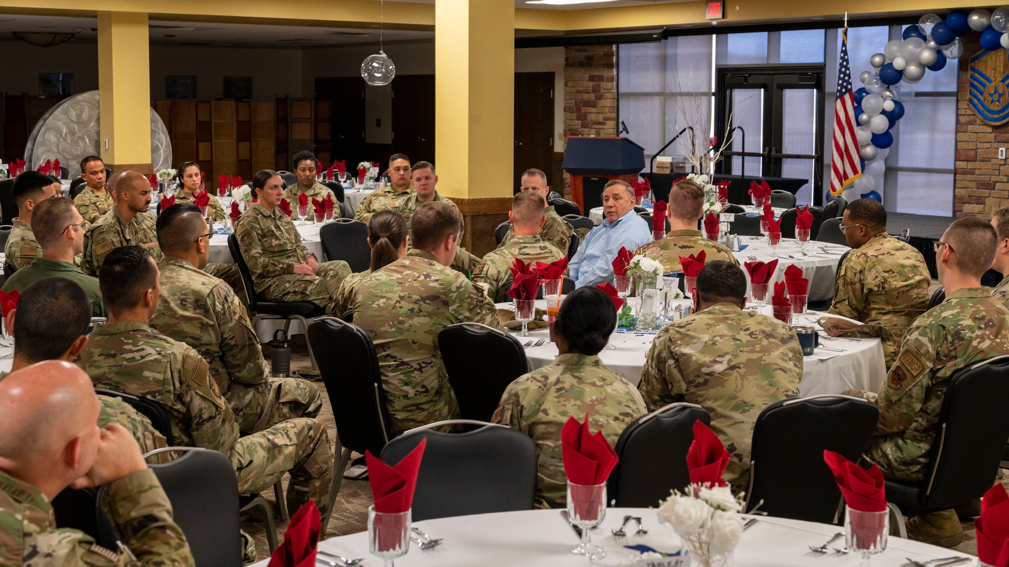 New senior noncommissioned officers discuss the new responsibilities they hold with retired Chief Master Sgt. of the Air Force Jim Finch at Holloman Air Force Base, New Mexico, Aug. 25, 2023.