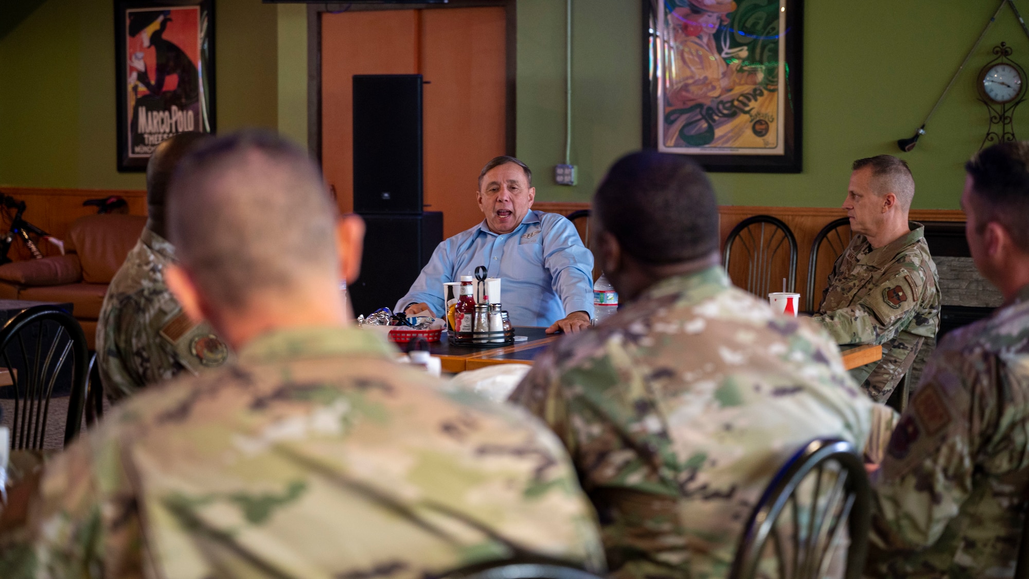 Retired Chief Master Sgt. of the Air Force #13 Jim Finch speaks with 49th Wing chief master sergeants at Holloman Air Force Base, New Mexico, Aug. 25, 2023.