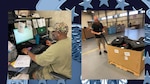 Man at desk on computer and man pulling a pallet with a filled box in a warehouse