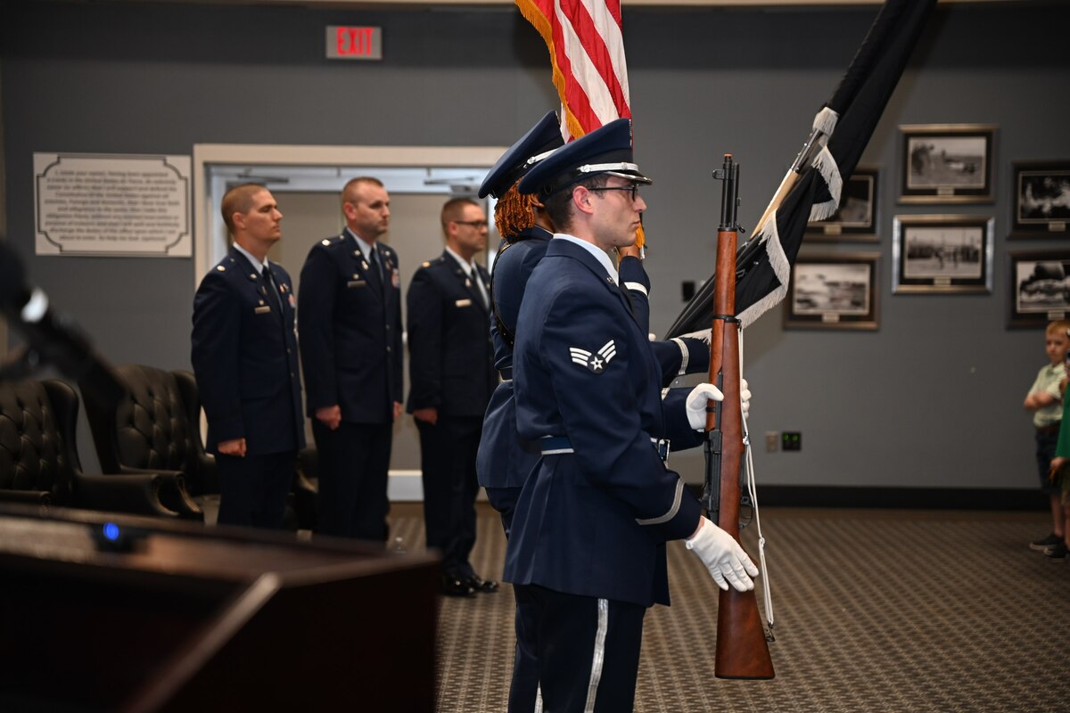 U.S. Air Force Airmen of the 17th Training Wing Base Honor Guard present the colors at the 533rd Training Squadron, Detachment 1 Change of Command Ceremony, at the Powell Event Center, Goodfellow Air Force Base, Texas, Aug. 29, 2023. The base honor guard provides service to 28 counties and over 36,000 square miles of central Texas. (U.S. Air Force Photo by Airman 1st Class Evelyn J. D’Errico)