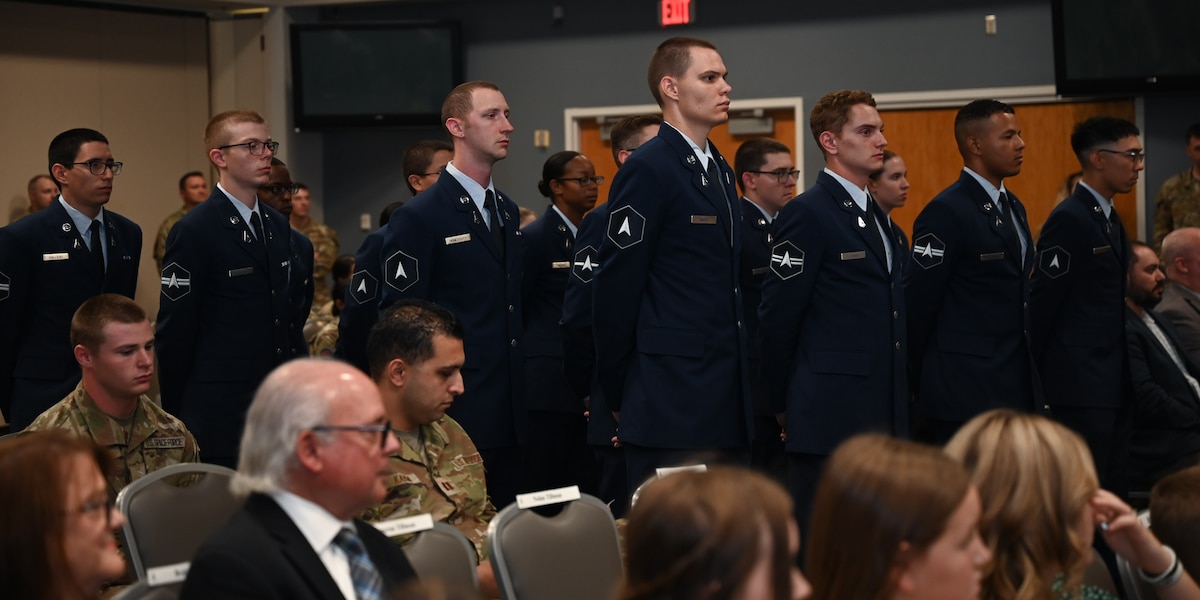 U.S. Space Force Guardians assigned to the 533rd Training Squadron, Detachment 1, stand in a four-by-four formation during the 533rd TRS, Detachment 1 Change of Command Ceremony at the Powell Event Center, Goodfellow Air Force Base, Texas, Aug. 29, 2023. The 533rd TRS has three geographically separated units in California, Texas and Mississippi. (U.S. Air Force photo by Airman 1st Class Evelyn J. D’Errico)