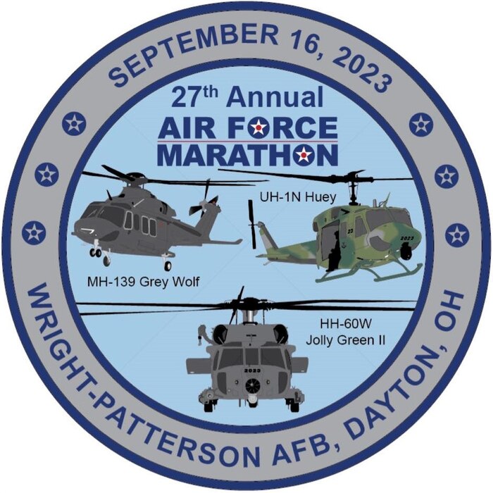 The 2023 Air Force Marathon participant medal commemorates three featured aircraft: UH-1N Huey, HH-60W Jolly Green II and MH-139 Grey Wolf