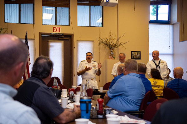 BILLINGS, Mont. (Aug. 11, 2023) Rear Adm. Matthew Case, commander, Naval Medical Forces Atlantic speaks with the Optimist Club during an executive engagement event at the McCormick Cafe.