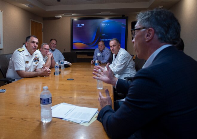 BILLINGS, Mont. (Aug. 10, 2023) Rear Adm. Matthew Case, commander, Naval Medical Forces Atlantic (NMFL), and Command Master Chief Zachary Pryor, a native of Glendive, Mont., participates in a roundtable discussion with staff from Billings Clinic Hospital.