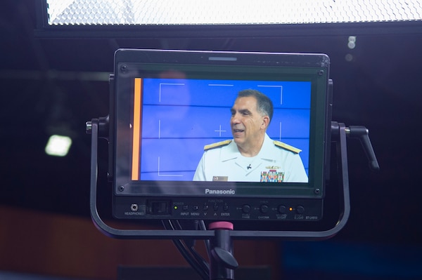 BILLINGS, Mont. (Aug. 11, 2023) Rear Adm. Matthew Case, commander, Naval Medical Forces Atlantic, participates in a live interview at the KTVQ studio.