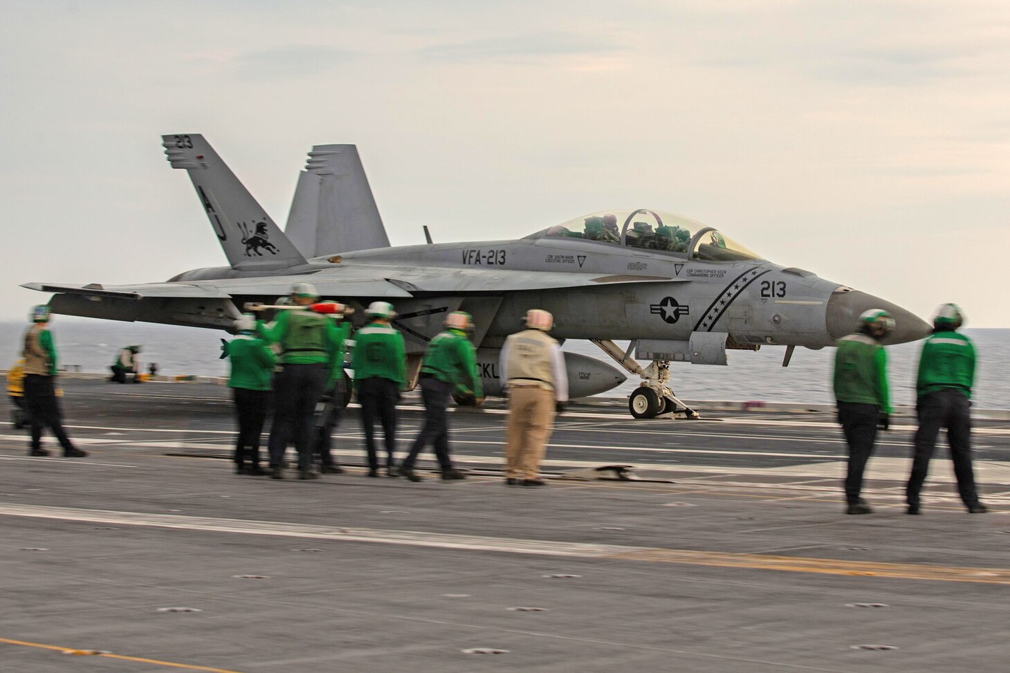 An F/A-18F Super Hornet from Strike Fighter Squadron (VFA) 213 launches off of the flight deck of aircraft carrier USS Gerald R. Ford (CVN 78) using the Electromagnetic Aircraft Launching System (EMALS), March 10.