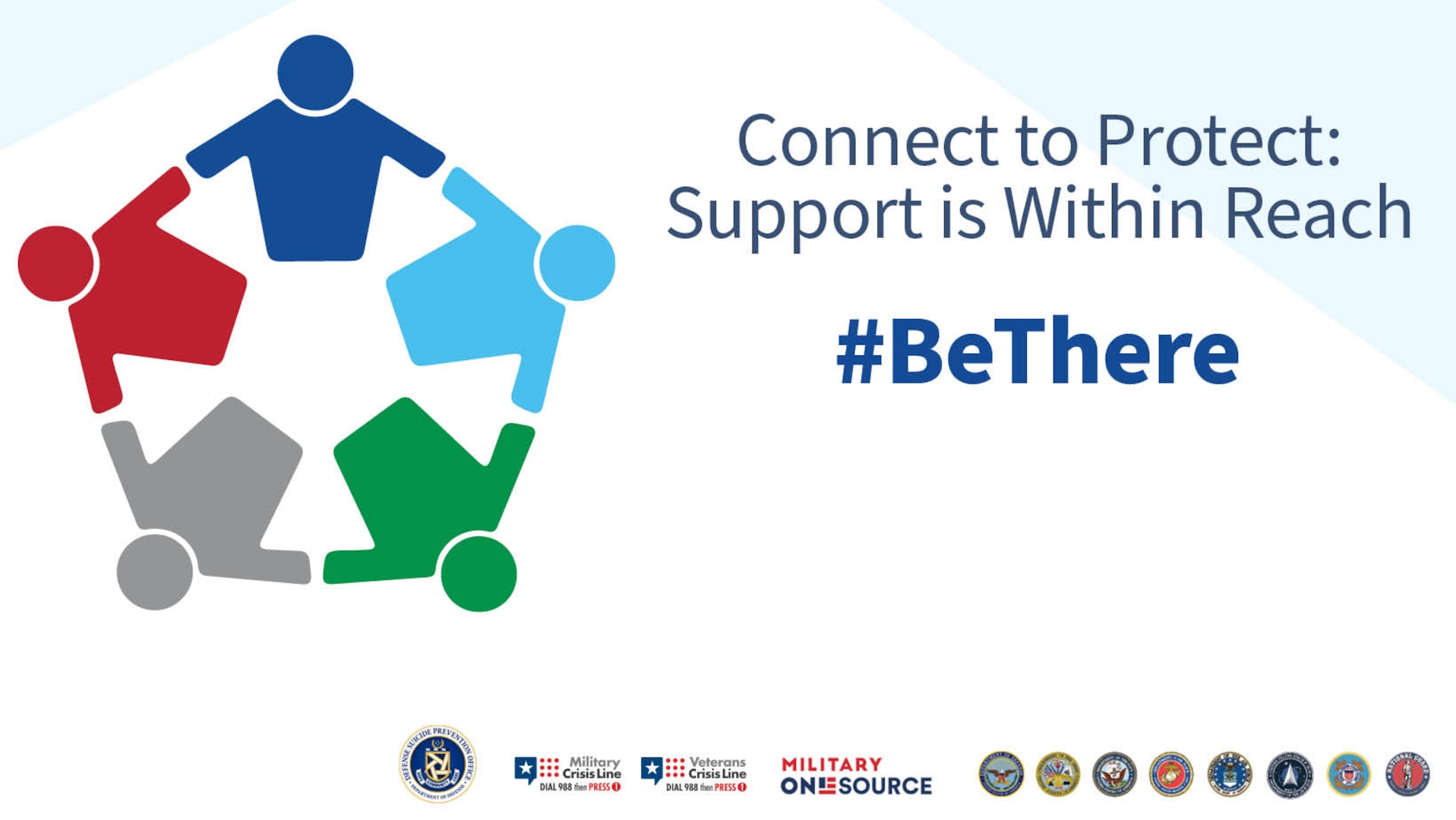 Banner with red, blue, light blue, green, and grey person illustration holding hands that reads Connect to Protect: Support is within Reach. #BeThere