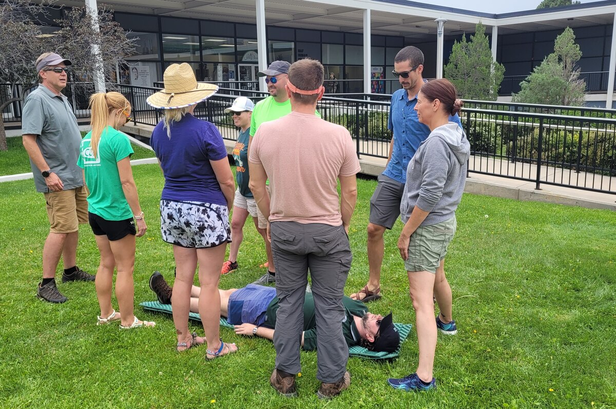 running through a rescue with a "victim" on a makeshift stretcher.