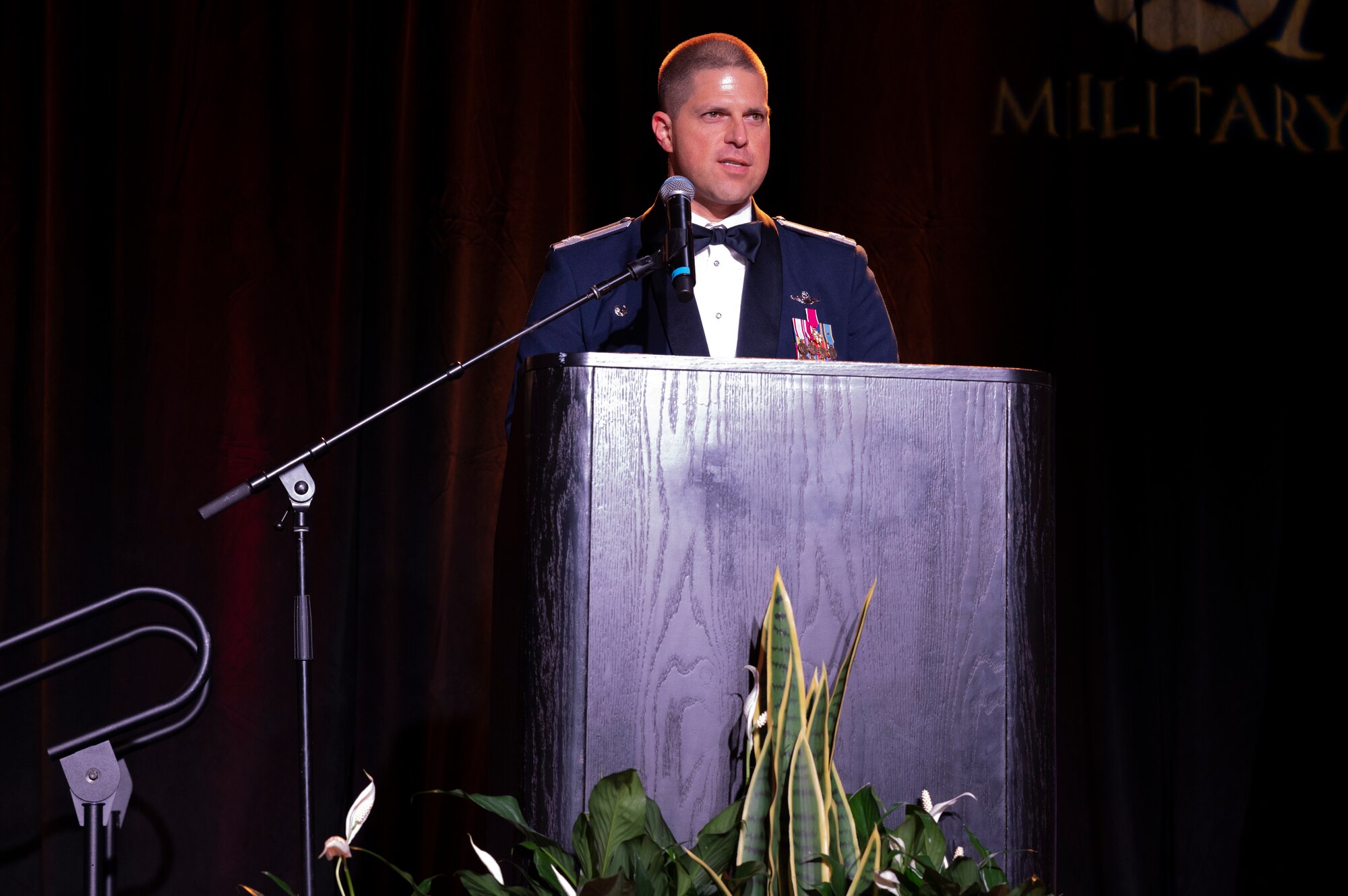 Col. Seth Spanier, 7th Bomb Wing commander, speaks at the Abilene Military Affairs Committee and Dyess Air Force Gala in Abilene, Texas, Aug. 26, 2023. This year’s gala celebrated 76 years of Air Force heritage alongside 70 years of the the 70th anniversary of the Abilene MAC, working consistently to ensure a thriving and supportive relationship between Dyess and the Abilene community. The MAC showed its appreciation to Dyess Airmen and their families by providing free food, entertainment and childcare.