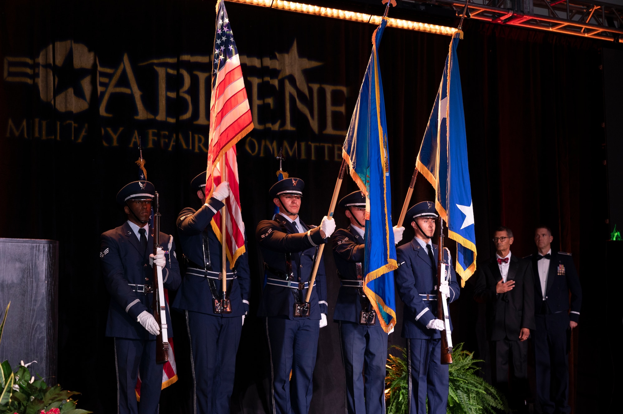 The Dyess Honor Guard presents the colors at the Abilene Military Affairs Committee and Dyess Air Force Gala in Abilene, Texas, Aug. 26, 2023. The event was held to celebrate the MAC’s 70th anniversary and the  Air Force’s 76th birthday. The Abilene MAC hosted the gala to honor Dyess Airmen and the legacy they have created at America’s only Lift and Strike Base.