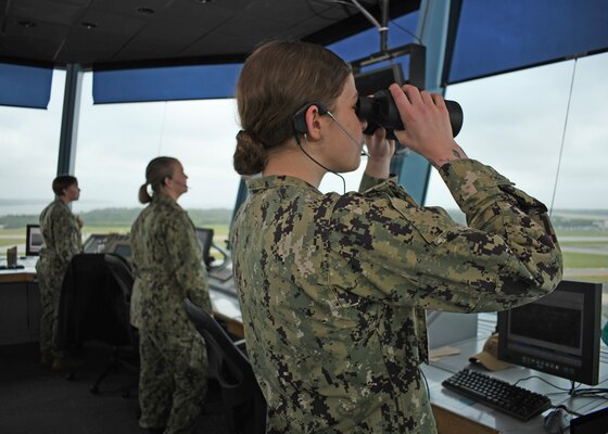 Air Traffic Controller 2nd Class Tieraney Edmond stands Final Control Watch in the NAS Patuxent River Radar Room.