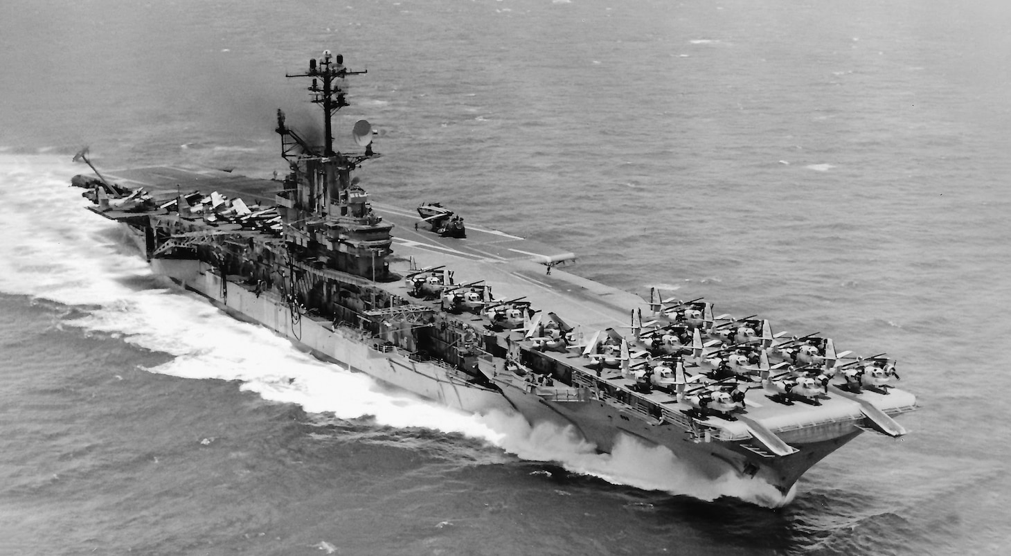 Shown later in her career, while serving as an anti-submarine carrier, USS Intrepid (CVS 11) carries a full complement of S2F Trackers, multi-place AD Skyraiders and SH-3 helicopters. After decommissioning in 1974, the Intrepid was eventually moved to New York City where she has been a popular tourist attraction as a museum ship since 1982.