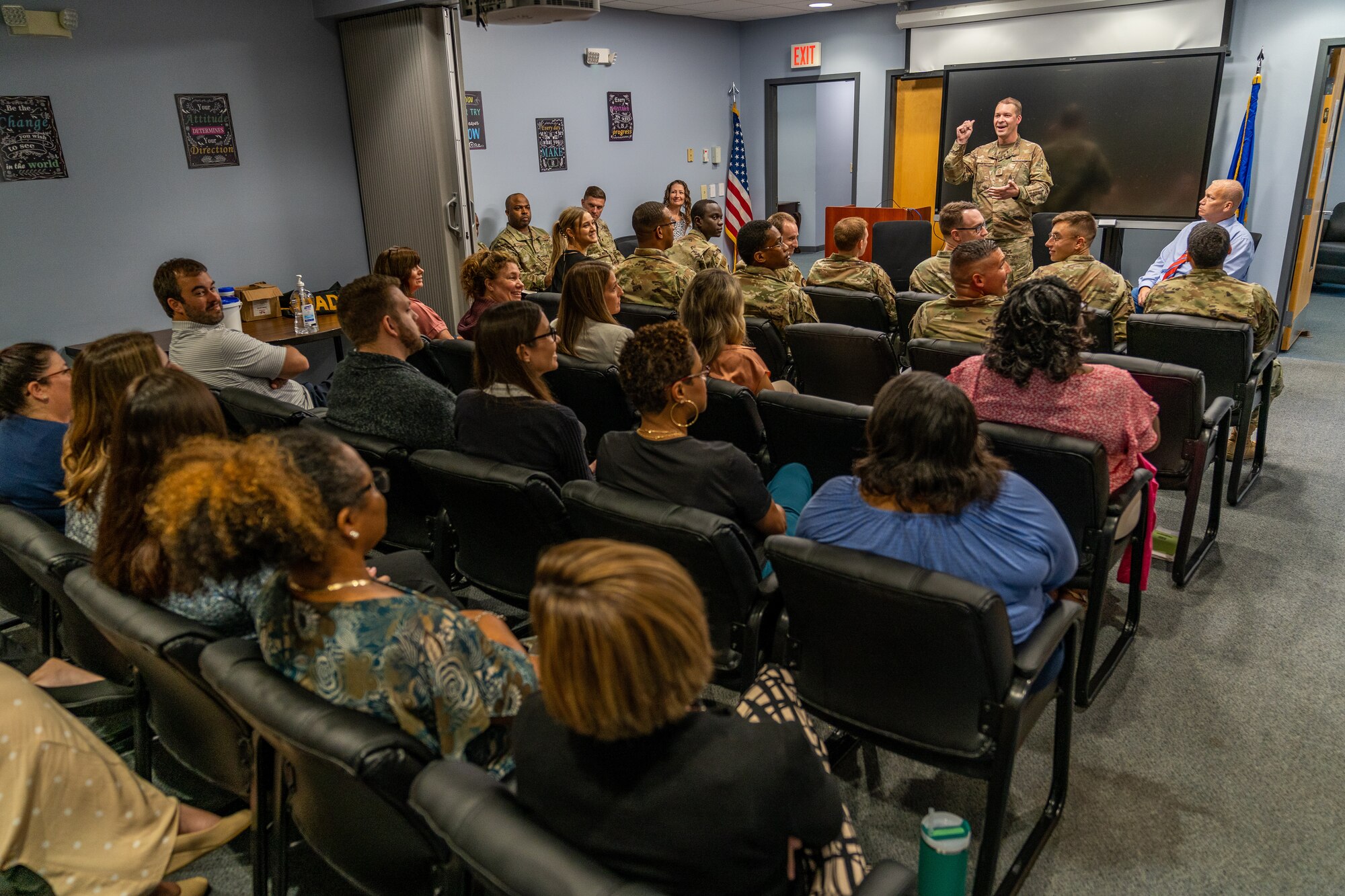 U.S. Air Force Chief Master Sgt. Michael Venning, 81st Training Wing command chief, speaks with the 81st Contracting Squadron during his immersion tour at Keesler Air Force Base, Mississippi, Aug. 2, 2023.