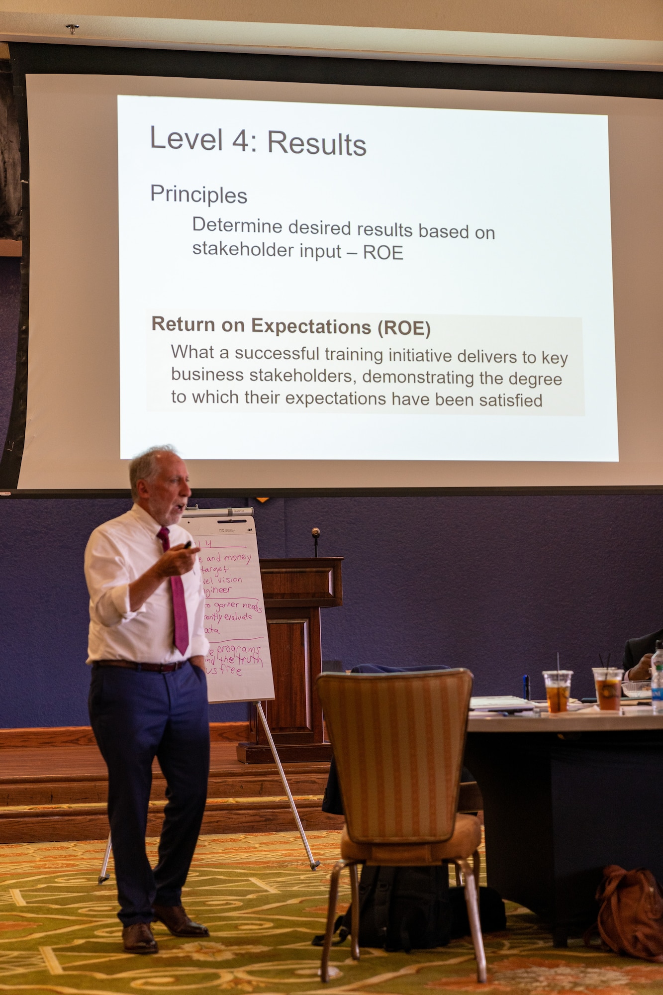 Jim Kirkpatrick, Kirkpatrick Partners senior consultant, explains the 4th level of the Kirkpatrick model to a group of instructors at Keesler Air Force Base, Mississippi, Aug. 1, 2023.