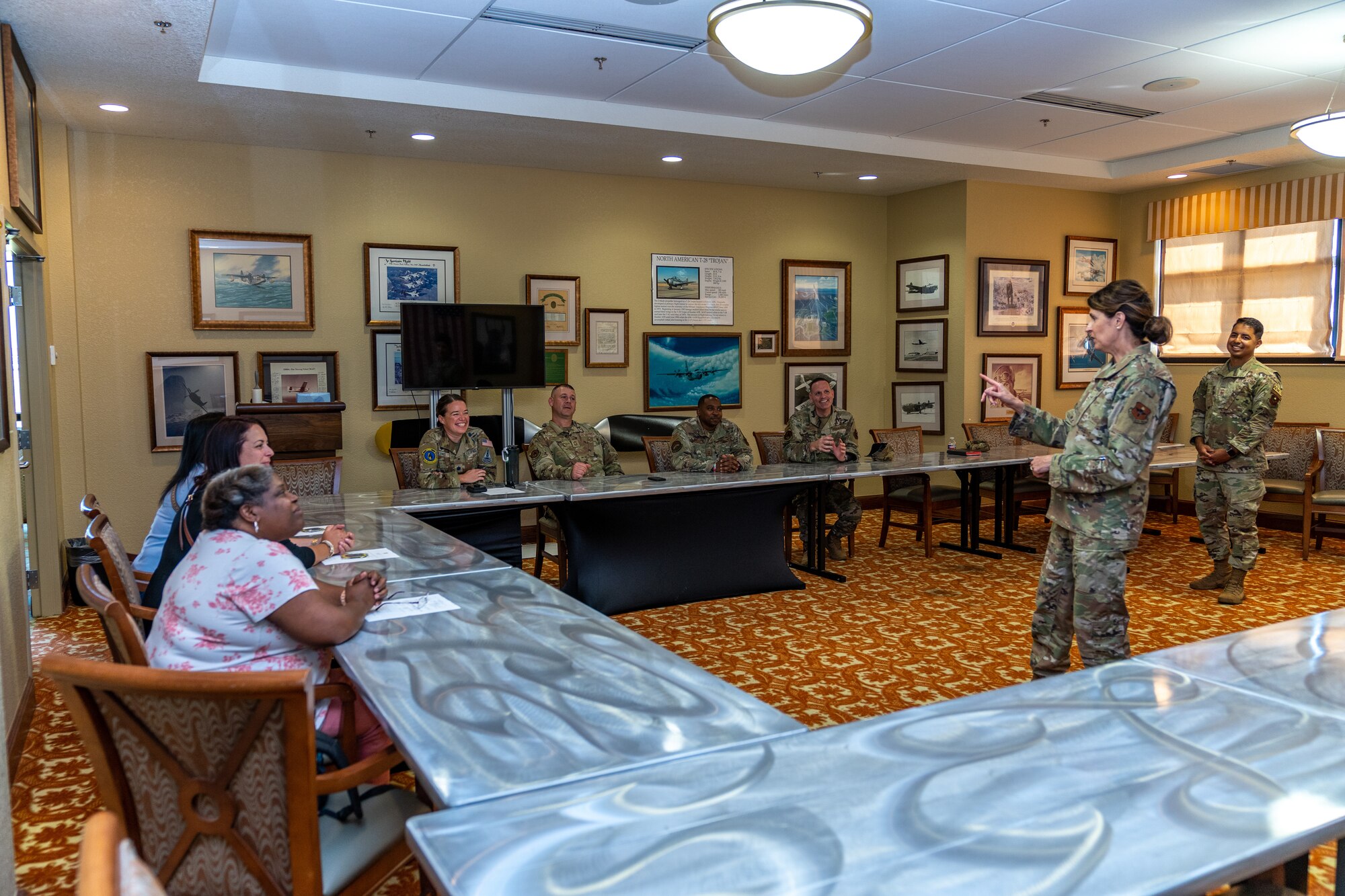 U.S. Air Force Col. Laura King, 81st Training Group commander, welcomes educators before they start their tour at Keesler Air Force Base, Mississippi, Aug. 16, 2023.