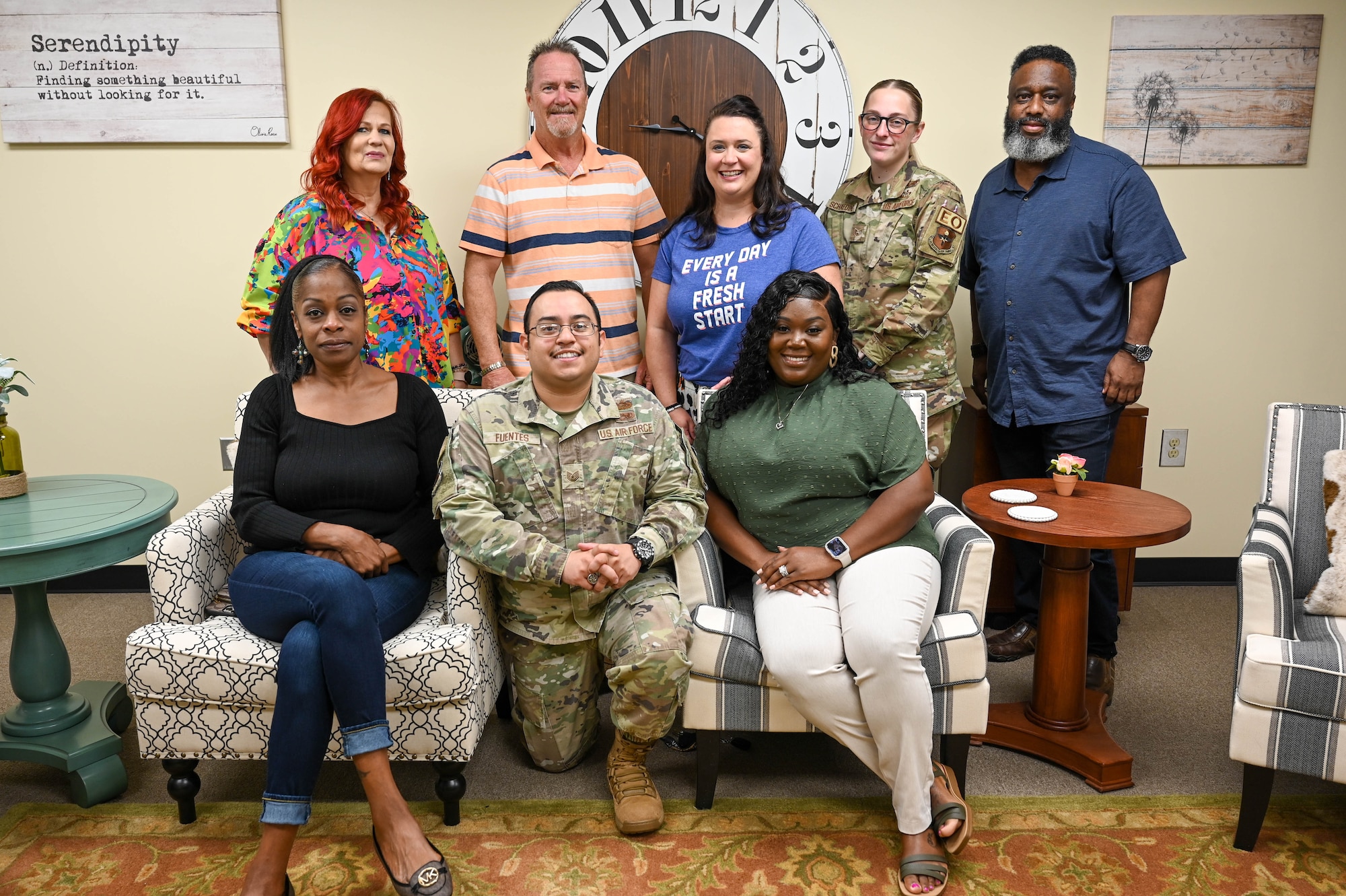 Airmen Resiliency Center (ARC) personnel gather for a photo at Altus AFB, Oklahoma, August 16, 2023. The ARC supports Airmen with services such as Sexual Assault Prevention and Response, Equal Opportunity, Military and Family Life Counseling Services, and Integrated Prevention and Responses. (U.S. Air Force photo by Airman 1st Class Heidi Bucins)