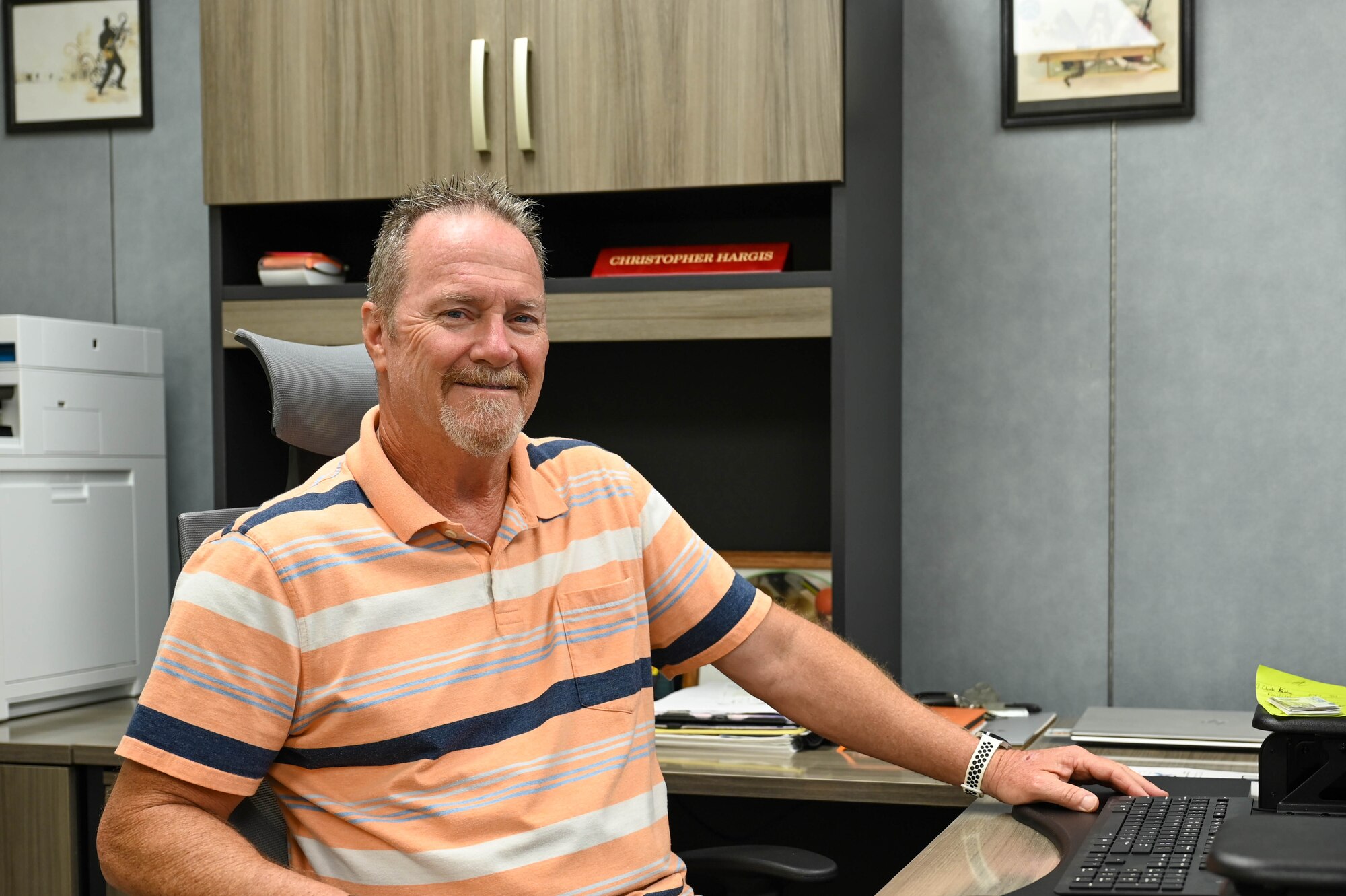 Chris Hargis, 97th Air Mobility Wing Integrated Prevention and Response (IPR) director is photographed at his workstation at the Airmen Resiliency Center at Altus Air Force Base, Oklahoma, Aug. 16, 2023. The IPR program holds classes and training for suicide prevention throughout the year. (U.S. Air Force photo by Airman 1st Class Heidi Bucins)
