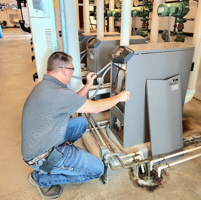 Kevin Carse inspects a boiler located at the Army Reserve Center at Fort Benjamin Harrison, Indianapolis, Indiana. Carse, Electrical Engineering Technician, performs duties supporting BASEOPS out of the Louisville District’s Indianapolis Resident Office.