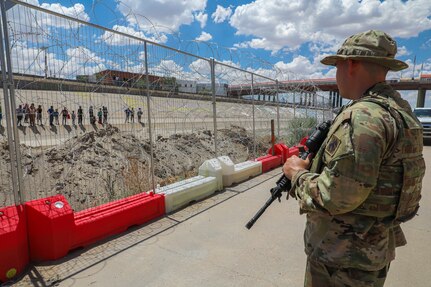 Oklahoma Army National Guardsman, Spc. Evann Paulsen, member of 1st Battalion, 160th Field Artillery Regiment, 45th Infantry Brigade Combat Team, performs border operations along the Rio Grande in El Paso, Texas, August 16, 2023. Approximately 50 Soldiers and Airmen are assisting the Texas National Guard with border security by manning security points to identify and alert local law enforcement of any illegal immigrant or drug trafficking activities. The deployment is expected to last through the end of August with a follow-on deployment of an additional 50 Soldiers and Airmen sometime in 2024. (Oklahoma National Guard photo by Sgt. Reece Heck)