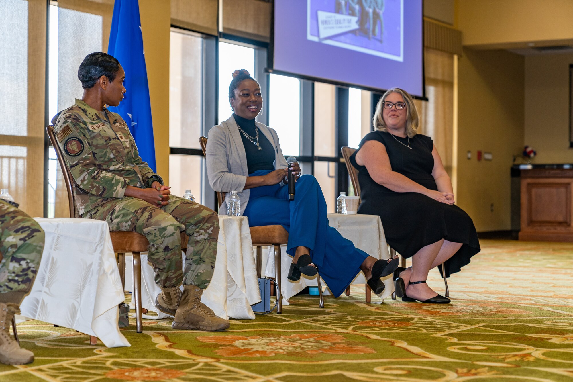 Mrs. Jemina Ballard, 81st Force Support Squadron, human resources generalist, introduces herself and gives insight into her personal experiences during Women’s Equality Day at Keesler Air Force Base, Mississippi, Aug. 25, 2023.