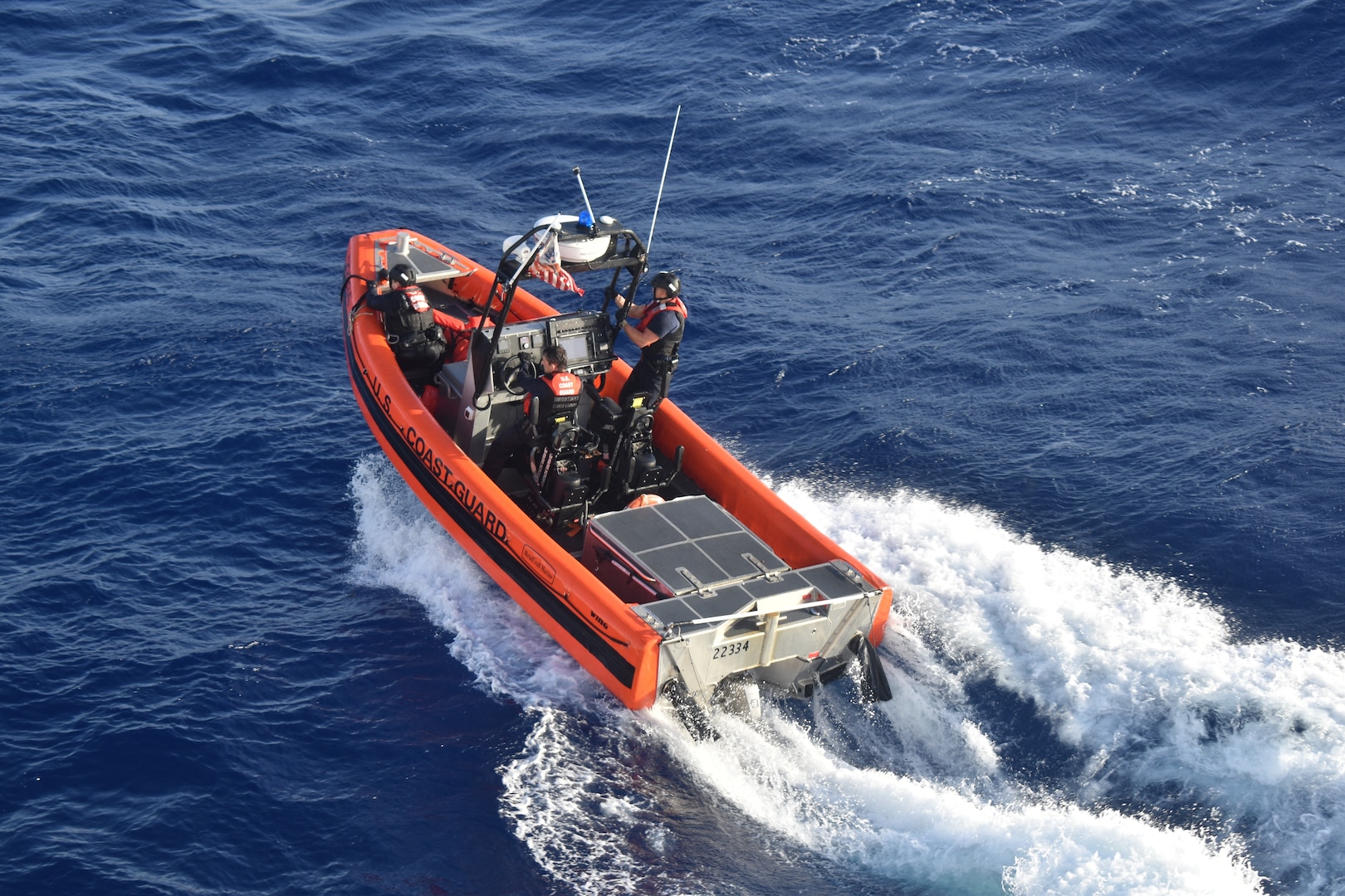 A Coast Guard small boat crew assigned to the U.S. Coast Guard Cutter Resolute (WMEC 620) gets underway in the North Caribbean Sea, July 15, 2023, Resolute was deployed in support of Homeland Security Task Force Southeast and Operation Vigilant Sentry to conduct migrant interdiction, deterrence, and maritime safety and security missions. (U.S. Coast Guard photo by Petty Officer 1st Class David Deal)